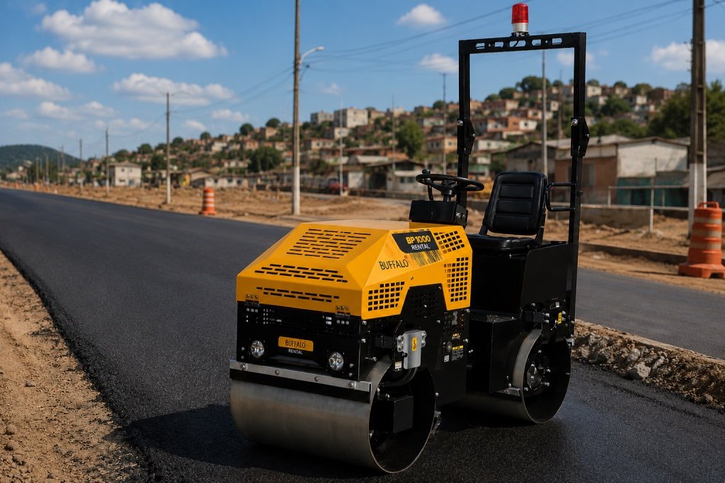 Rolo compactador Tecnipav finalizando pavimentação asfáltica